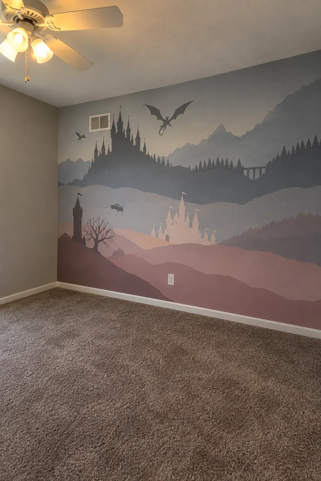 Moody bedroom concept featuring layered castle silhouettes in deep, muted tones.