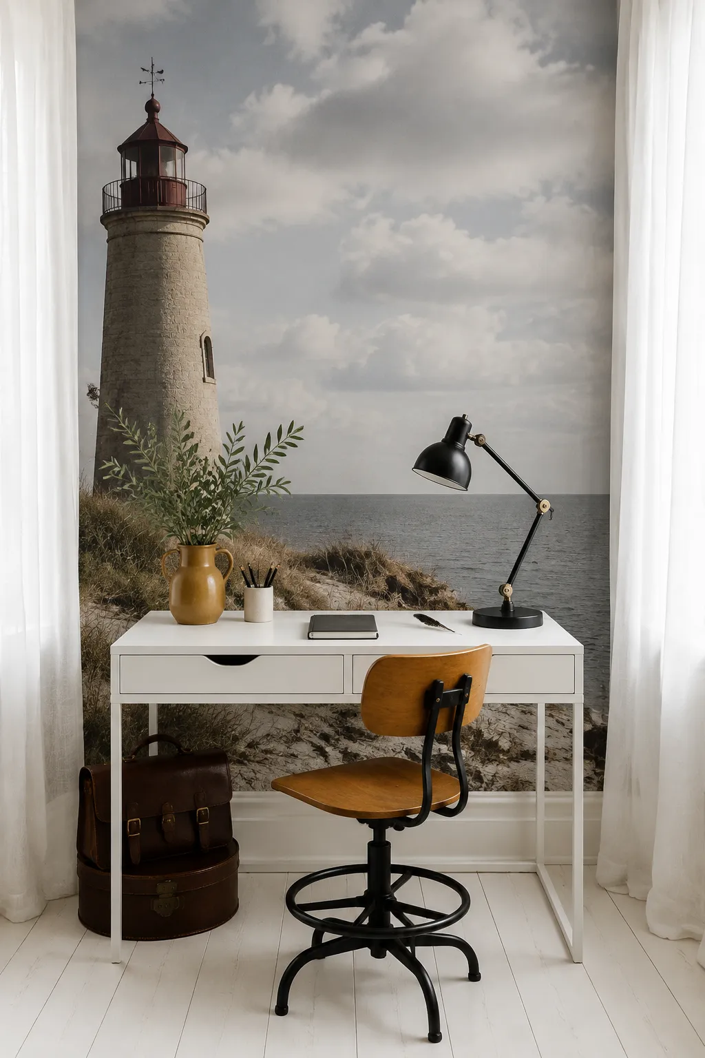 Lighthouse mural serving as a coastal backdrop for a home office.