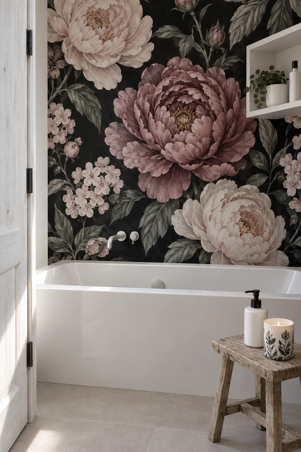 Mauve peony floral wall treatment paired with modern white bathroom fixtures