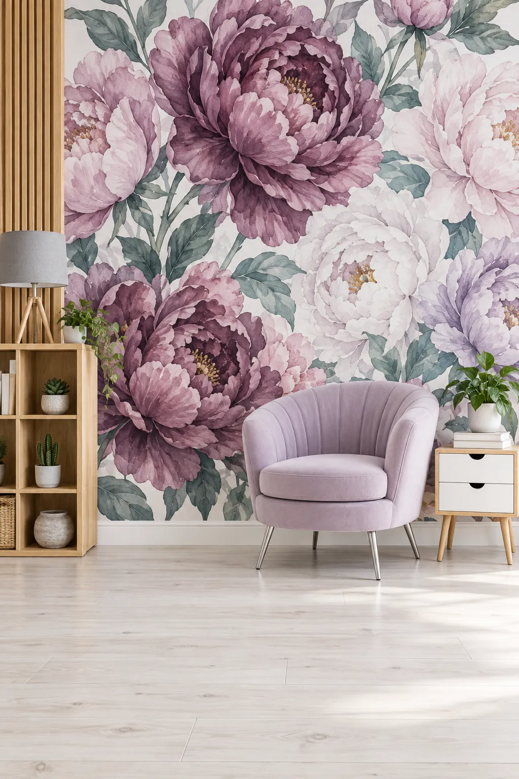 Pastel reading nook concept with mauve floral walls and a comfortable reading chair.