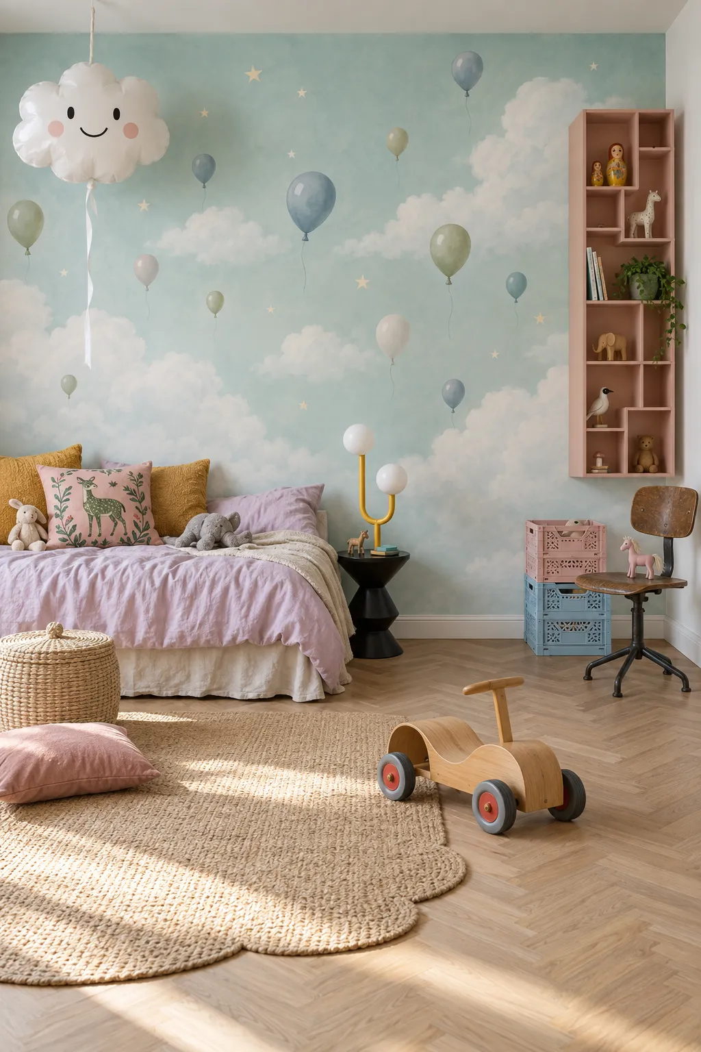 Mint cloud and balloon wallpaper palette for a dreamy children's room