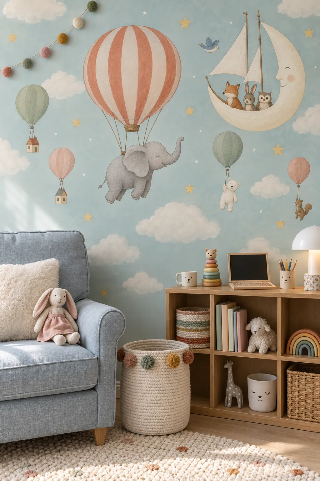 Mint storybook hot air balloon theme for a dreamy nursery