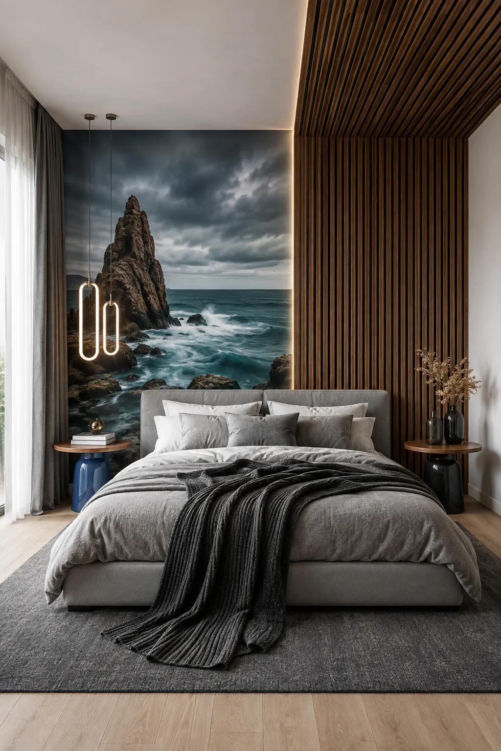 Moody bedroom seascape paired with warm vertical wood slats