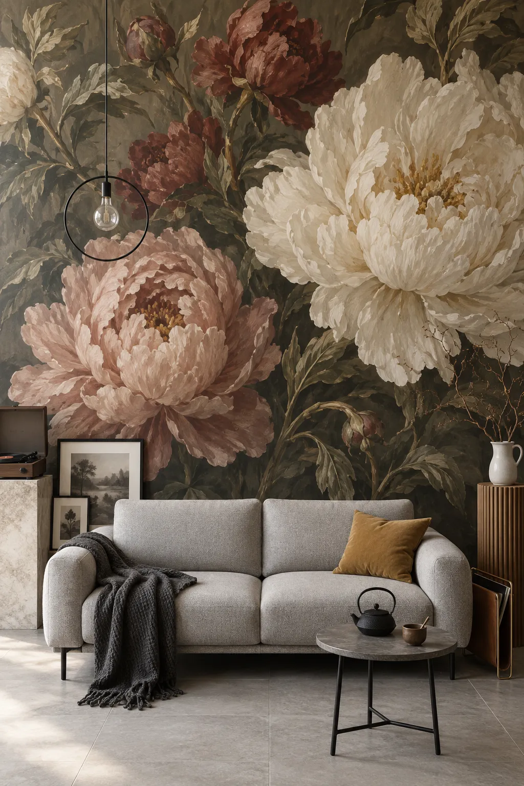 Moody peony floral wall design paired with a gray living room sofa