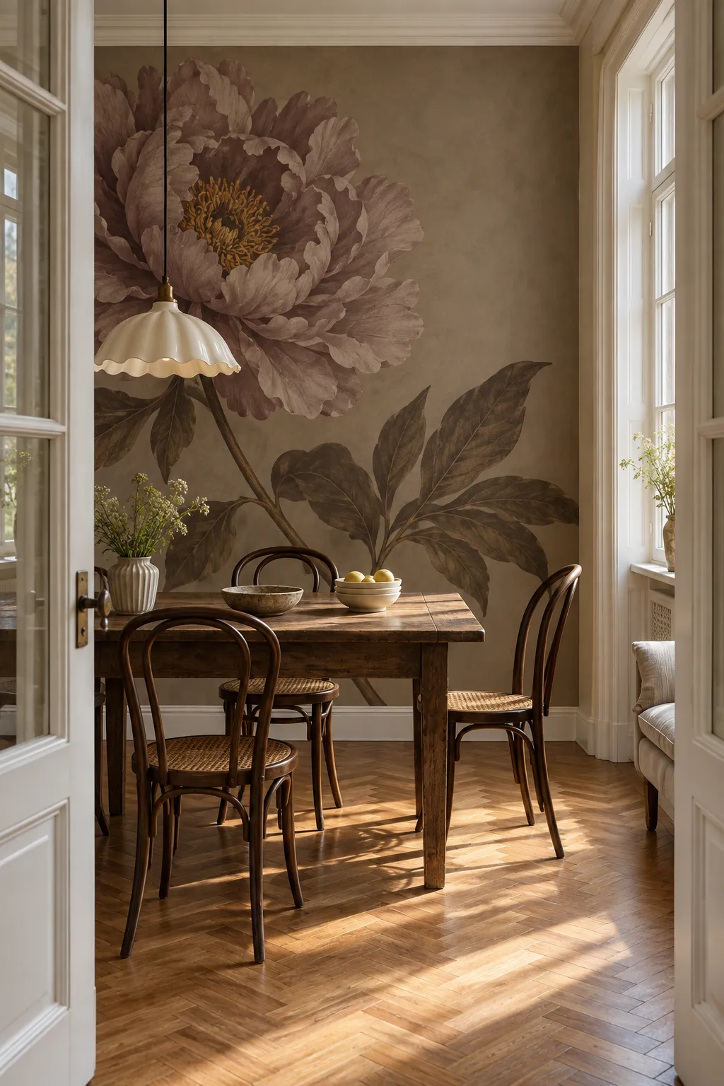 Vintage dining room concept with moody taupe floral walls and aged wood furniture.
