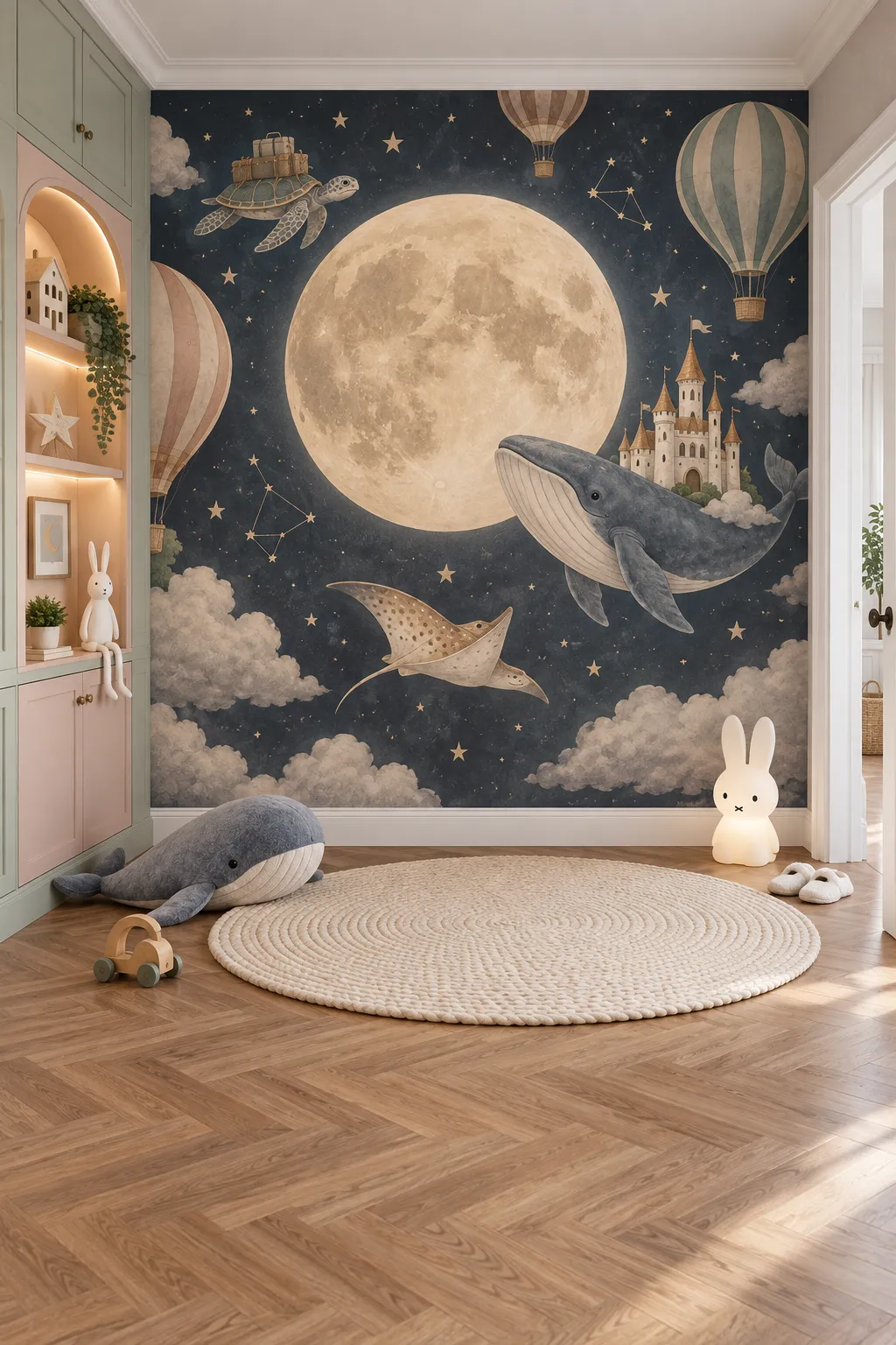 Fantasy playroom concept featuring moons, flying whales, and hot air balloons.