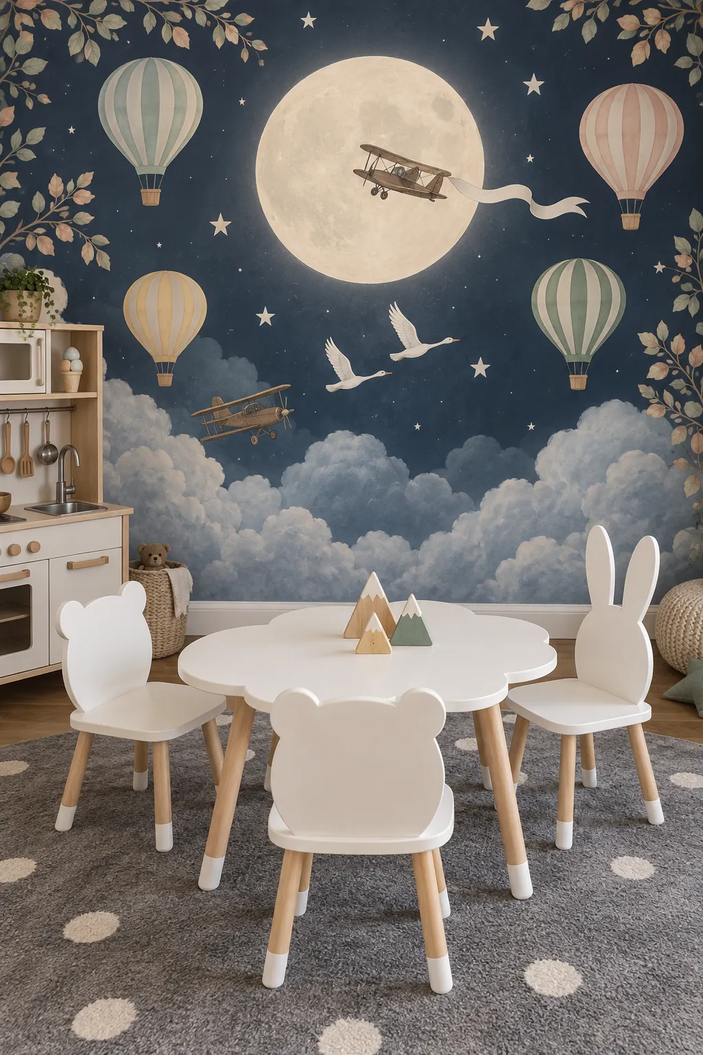 Moonlit sky and hot air balloon theme for an imaginative playroom