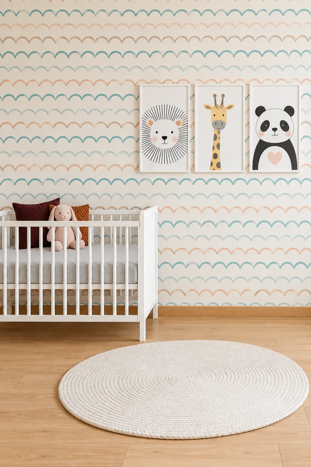 Multicolor scalloped striped nursery wallpaper paired with playful animal art.