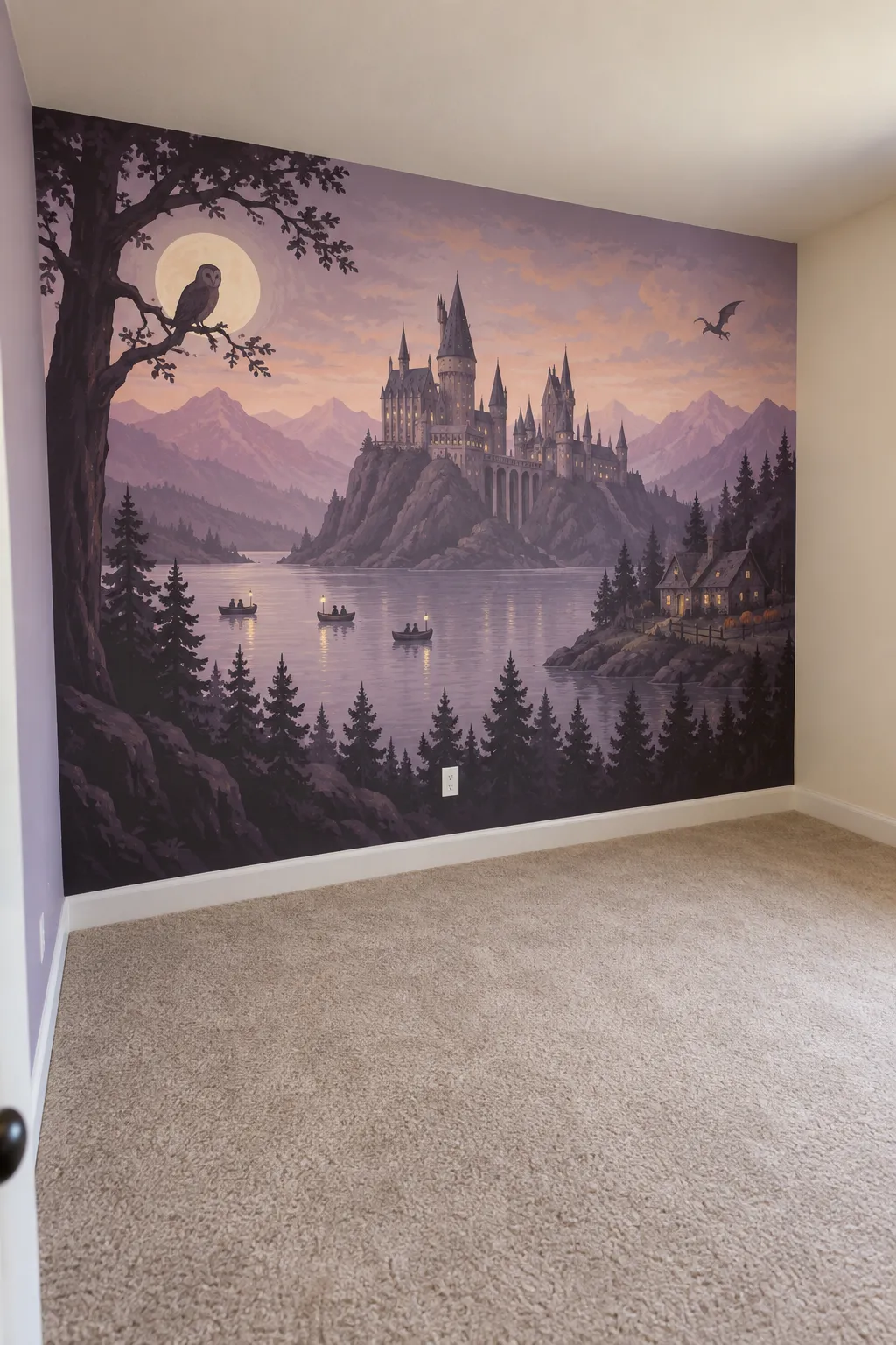 Wizard-inspired bedroom concept with a castle backdrop in muted purple.