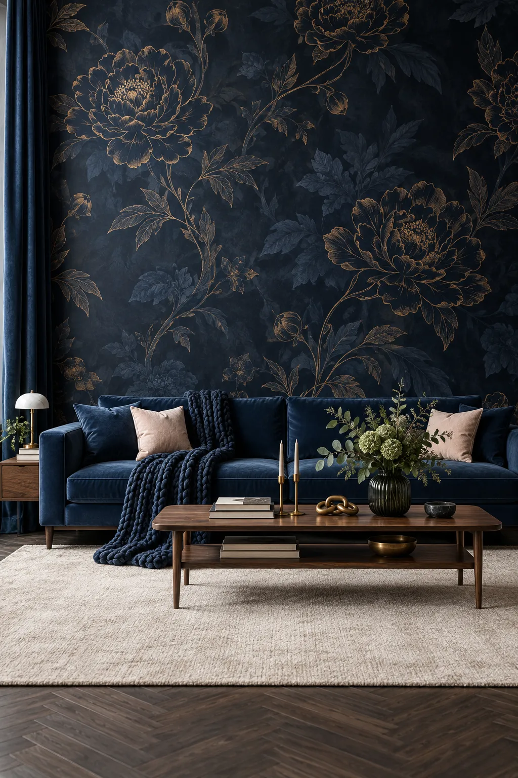 Navy and gold peony wall design coordinated with blue velvet seating