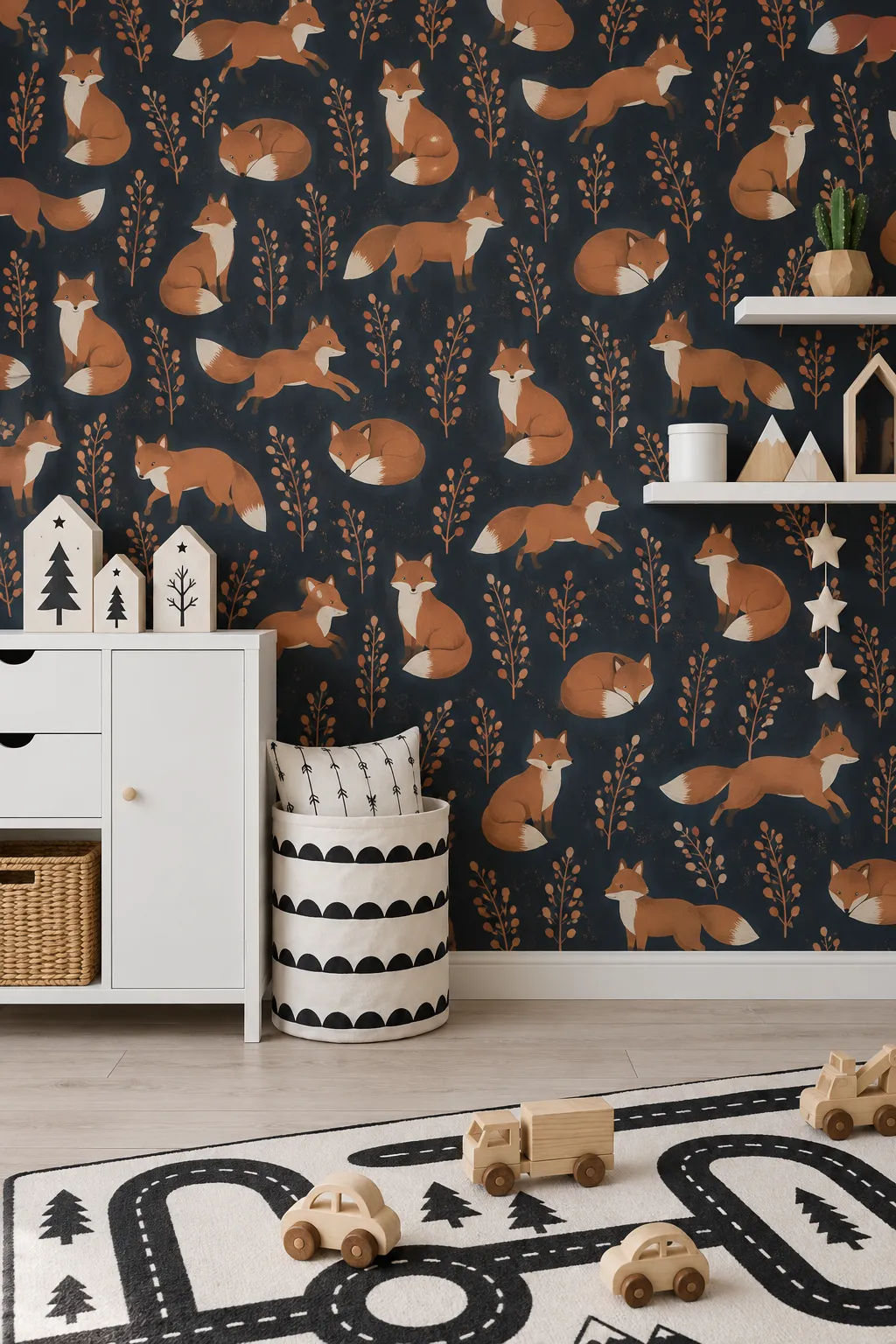 Woodland playroom concept combining navy blue with orange fox imagery