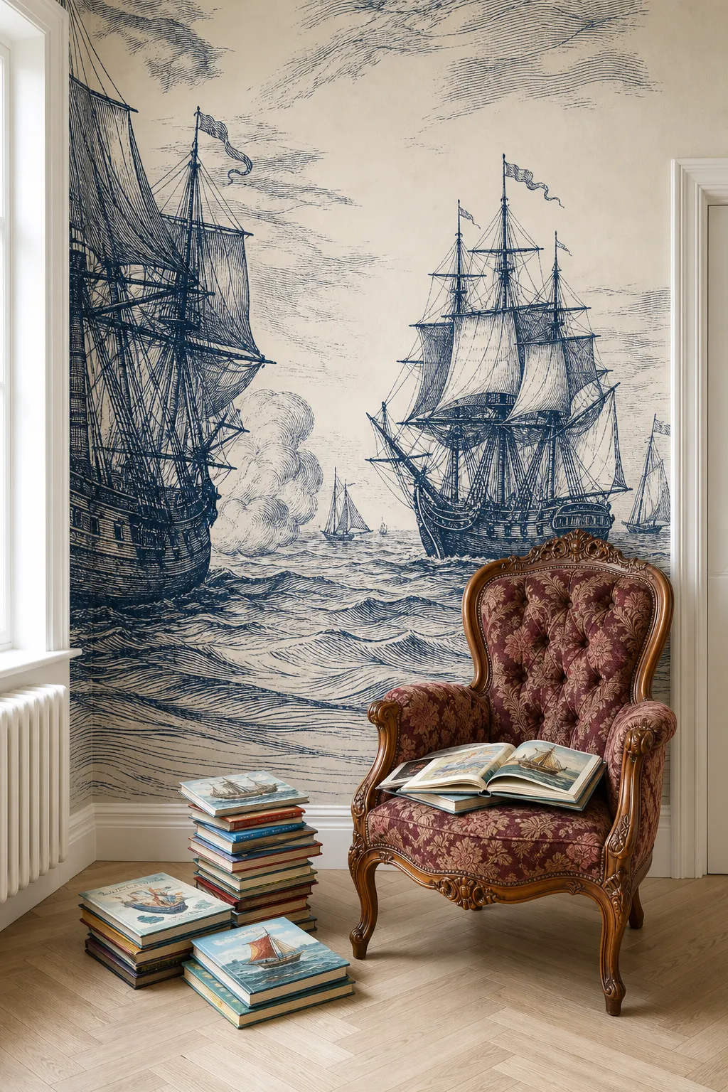 Navy sailing ship artwork styled as a vintage nautical accent for a reading nook.