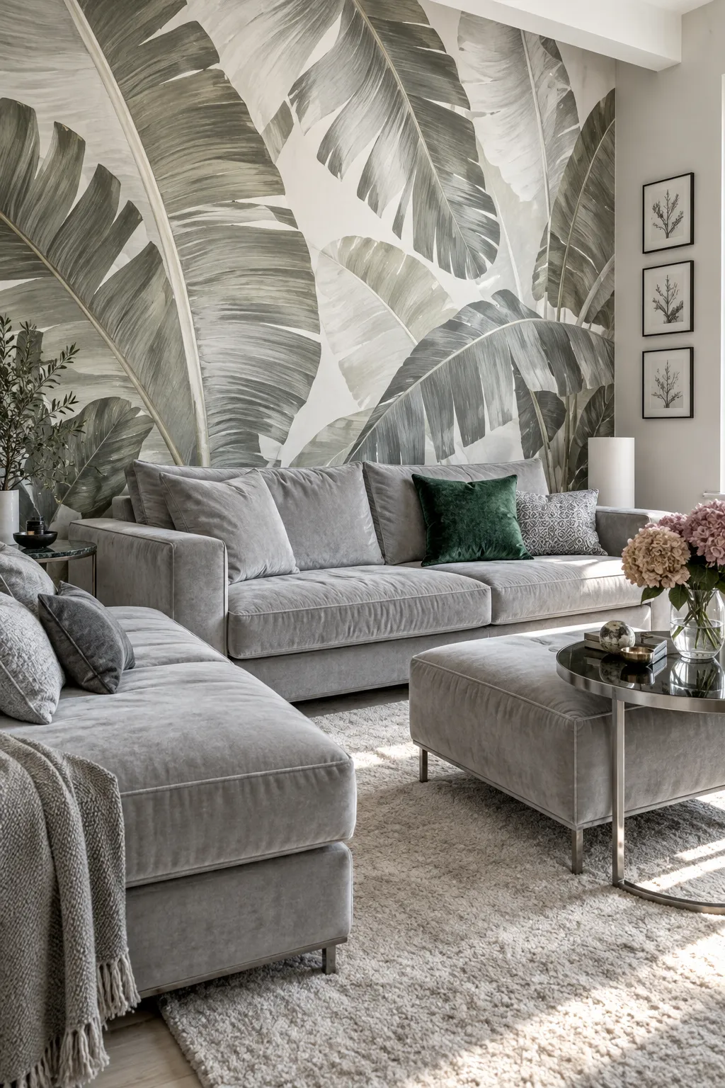 Gray living room paired with a neutral banana-leaf wall pattern.