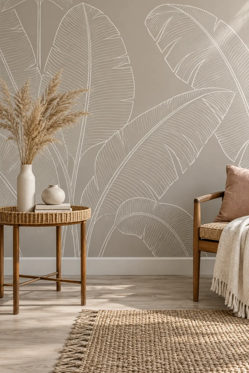Rattan reading corner concept with neutral foliage wallpaper and soft textiles.
