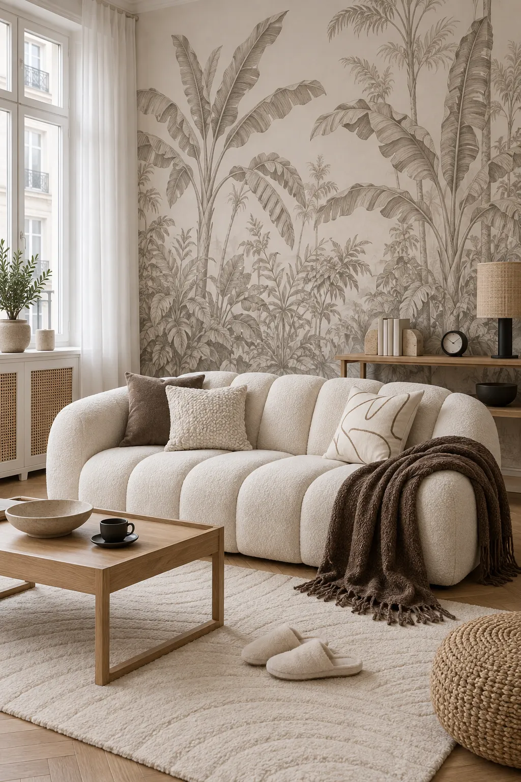 White bouclé seating paired with a soft neutral botanical leaf mural.