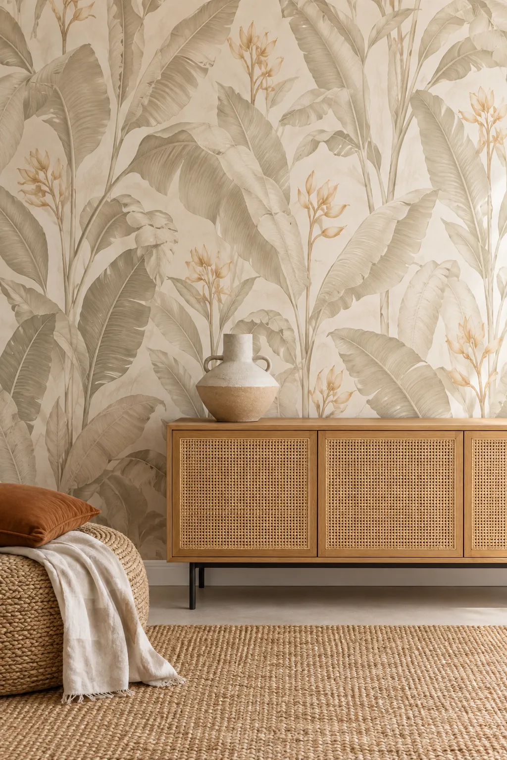 Rattan sideboard coordinated with a beige banana leaf mural.