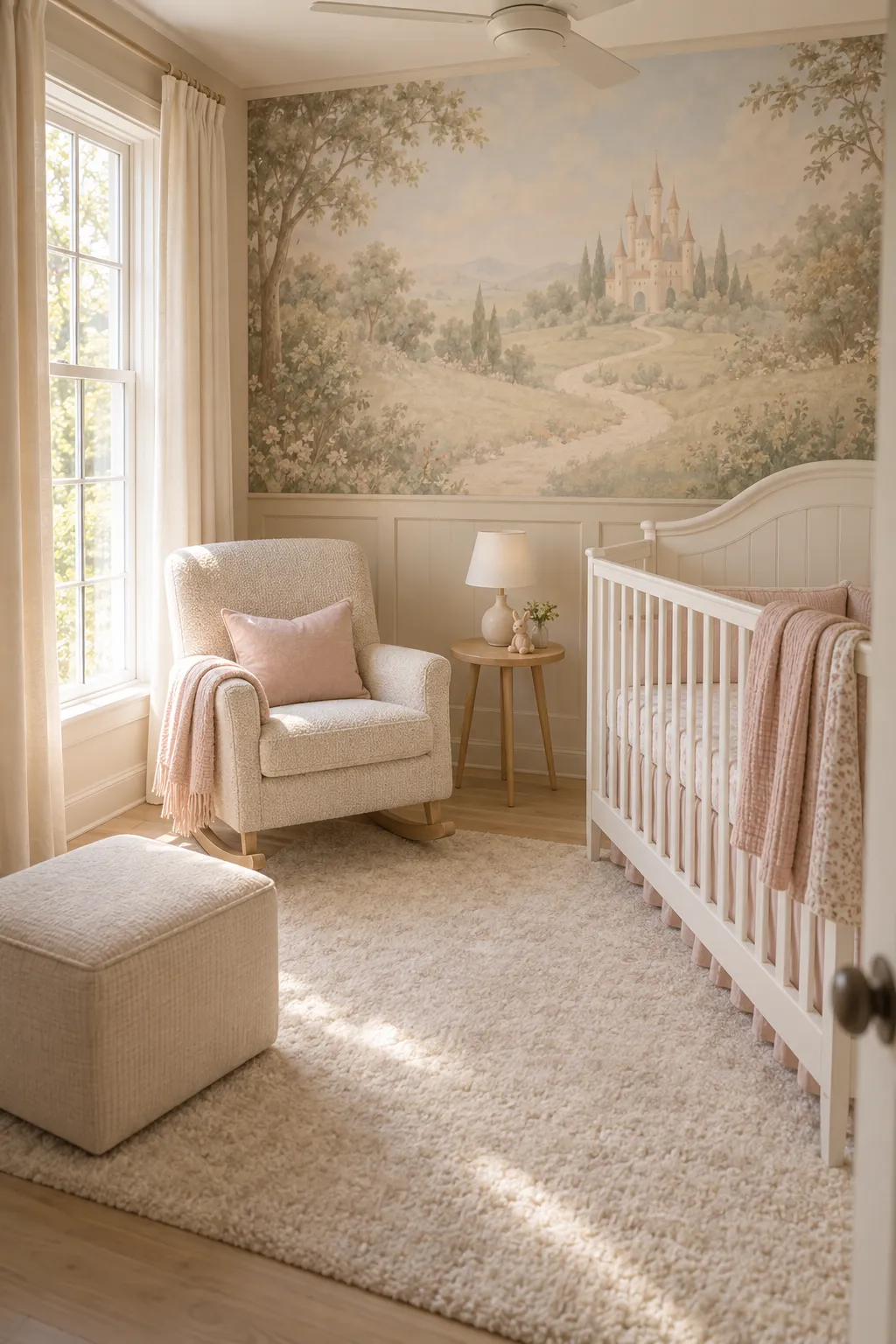 Neutral castle nursery concept with a cream rocking chair.