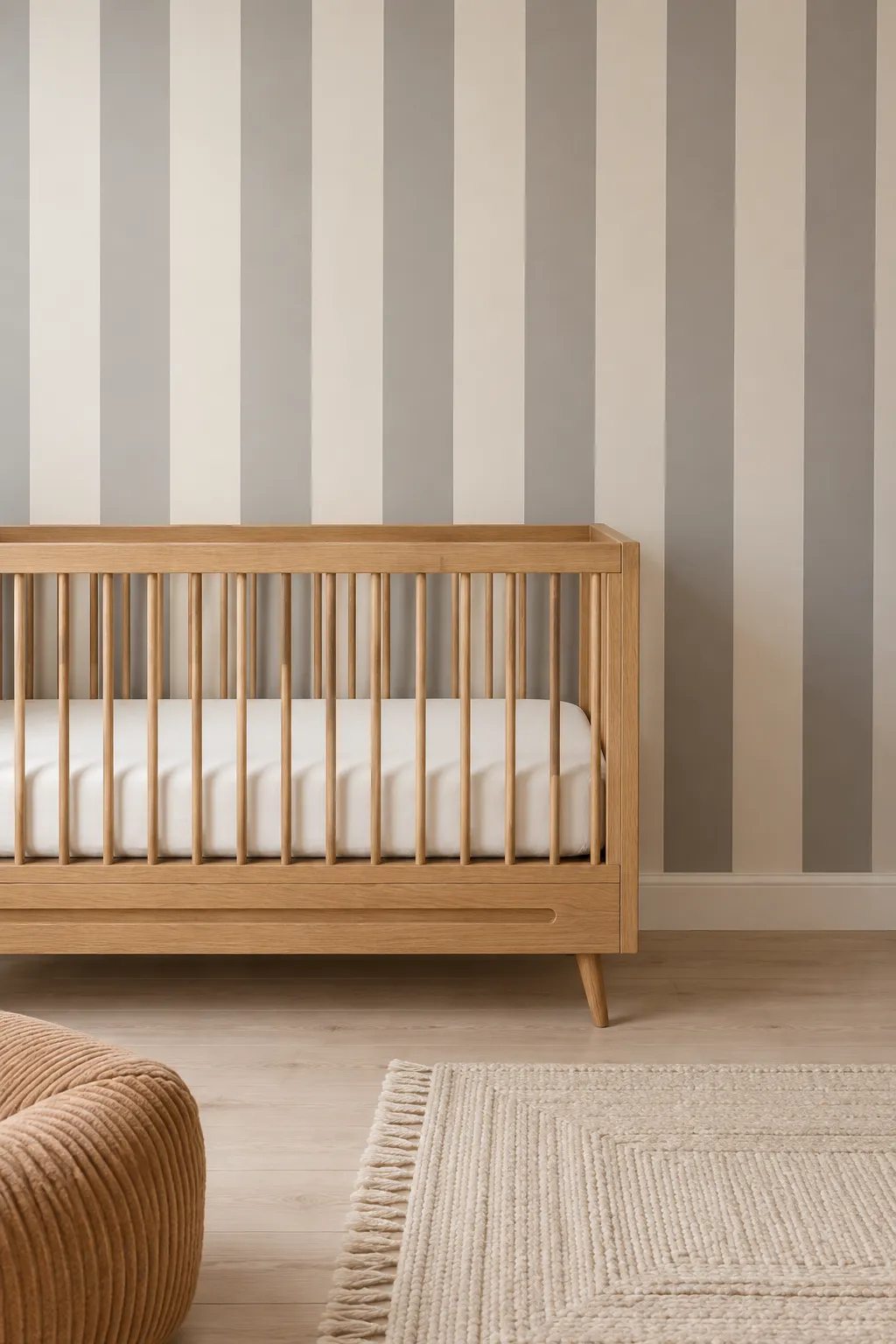 Neutral gray striped nursery walls paired with a warm oak crib.