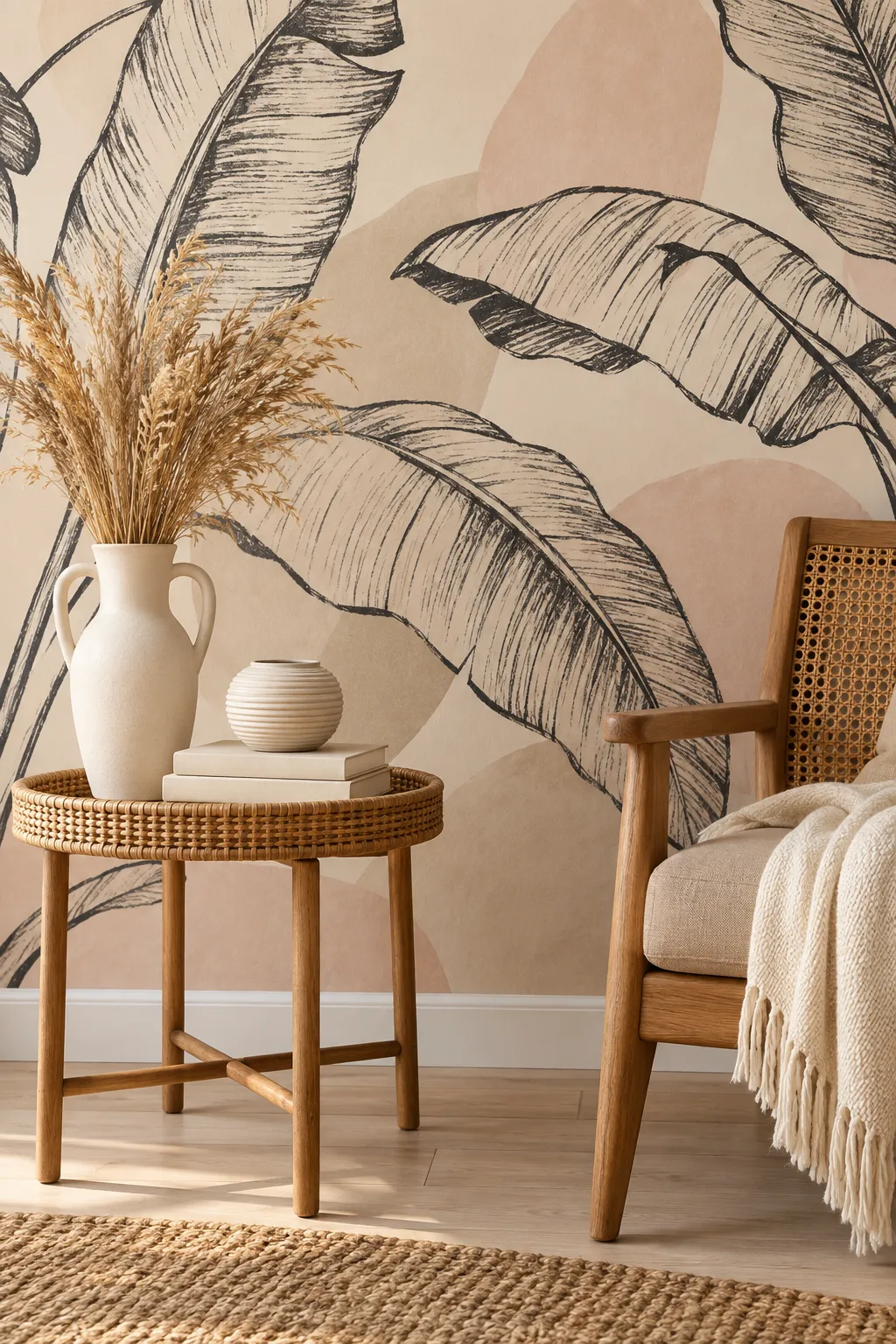Reading nook concept featuring neutral botanical line art and light furnishings.
