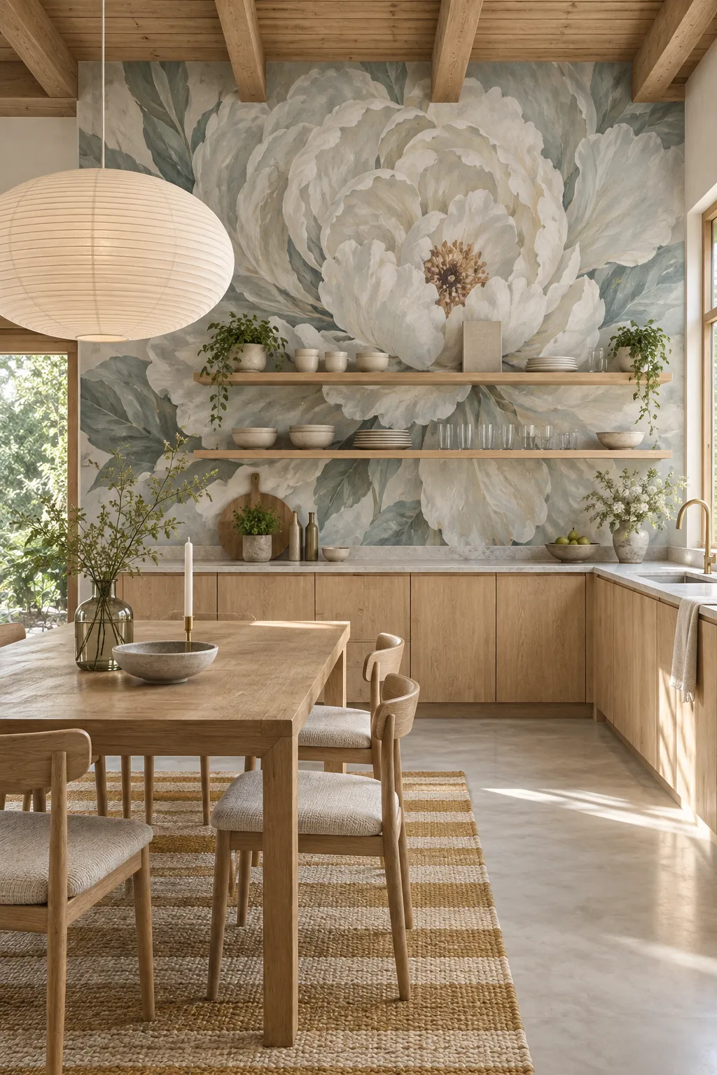 Scandinavian kitchen concept combining oak cabinetry with neutral peony wallpaper.
