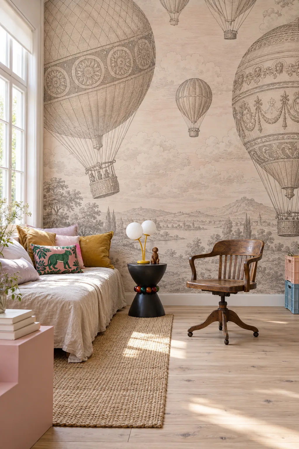 Neutral vintage hot air balloon theme framing a reading nook