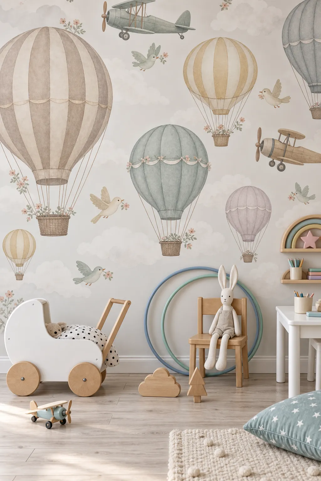 Soft neutral watercolor hot air balloon theme for a relaxed playroom