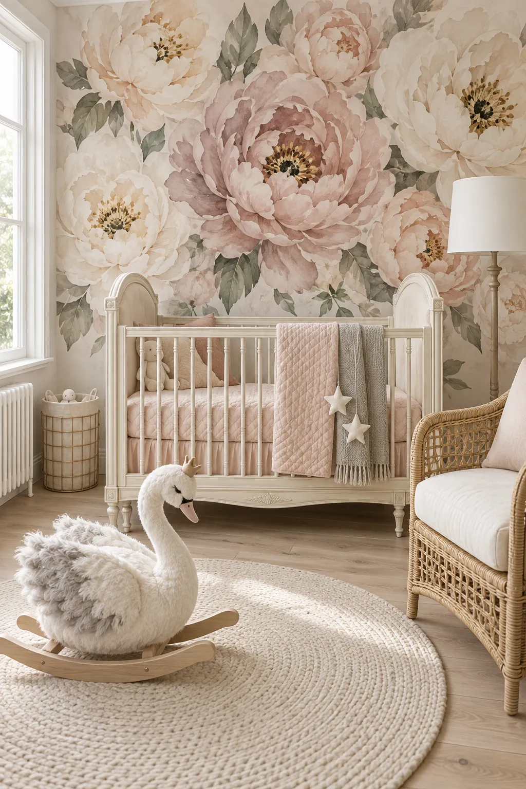 Cream nursery featuring neutral watercolor flowers and pale furnishings