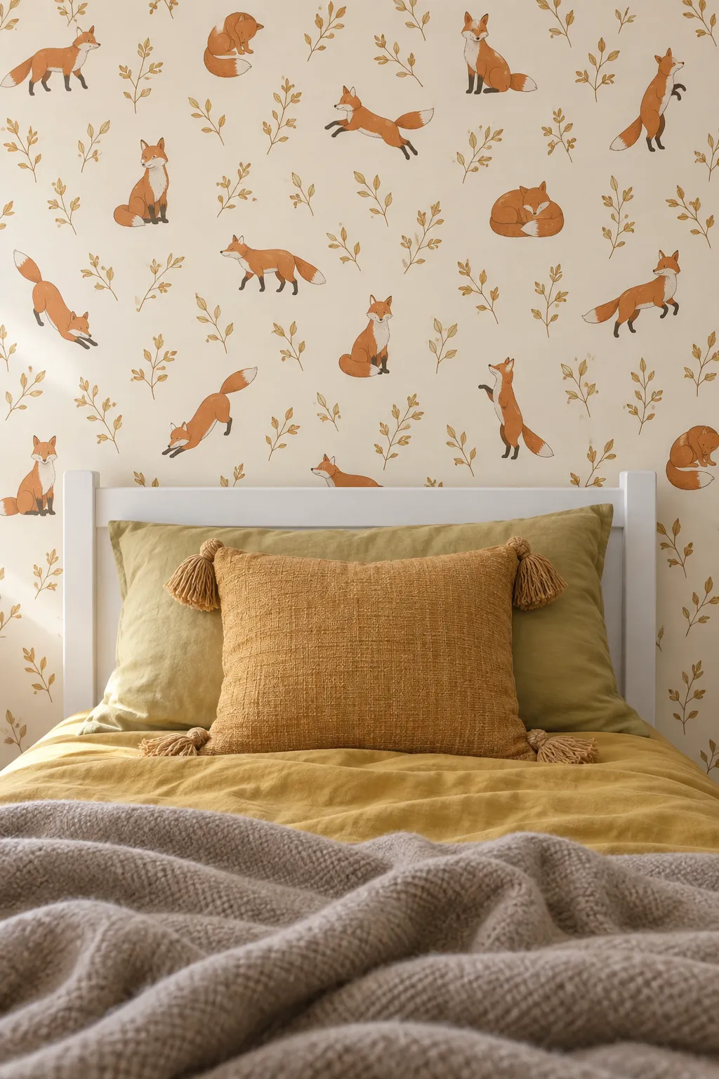 Bedroom decorating concept pairing an orange fox mural with mustard bedding