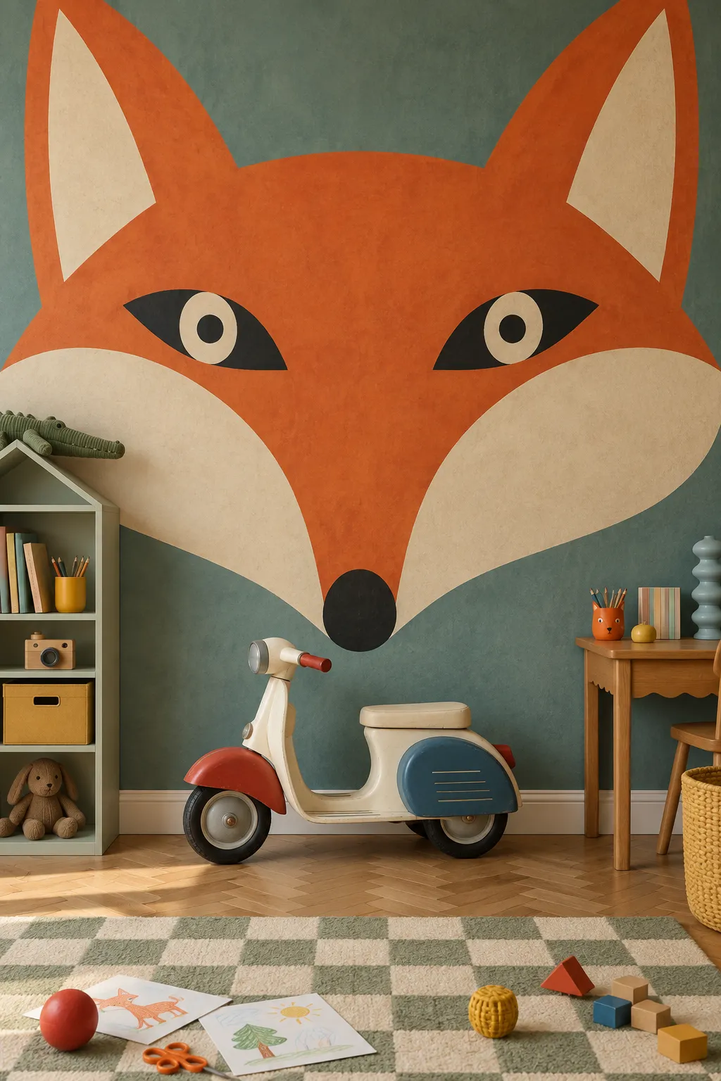 Teal playroom decorating concept with orange fox wall imagery