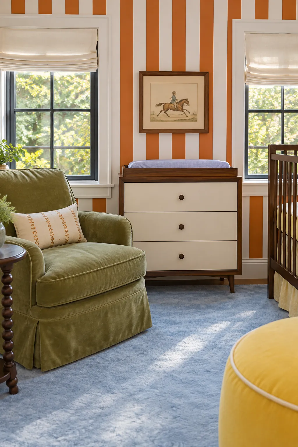 Nursery color scheme with orange and white stripes and a retro green armchair.