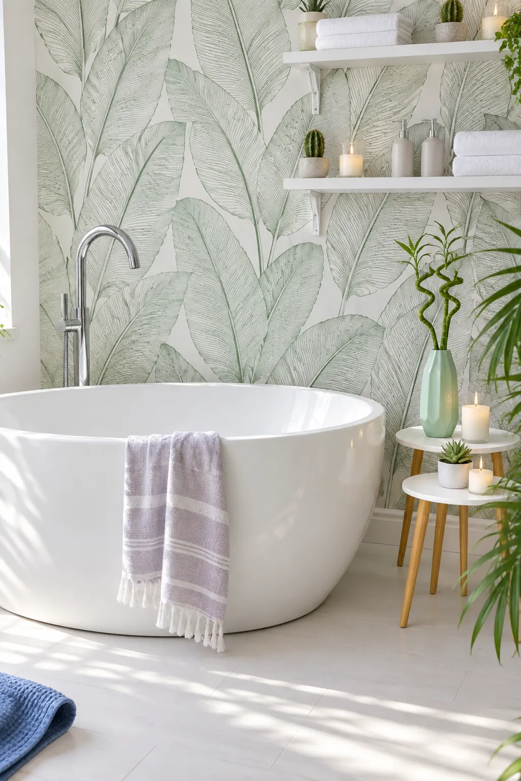 Freestanding bath with a light backdrop of outlined tropical leaves.