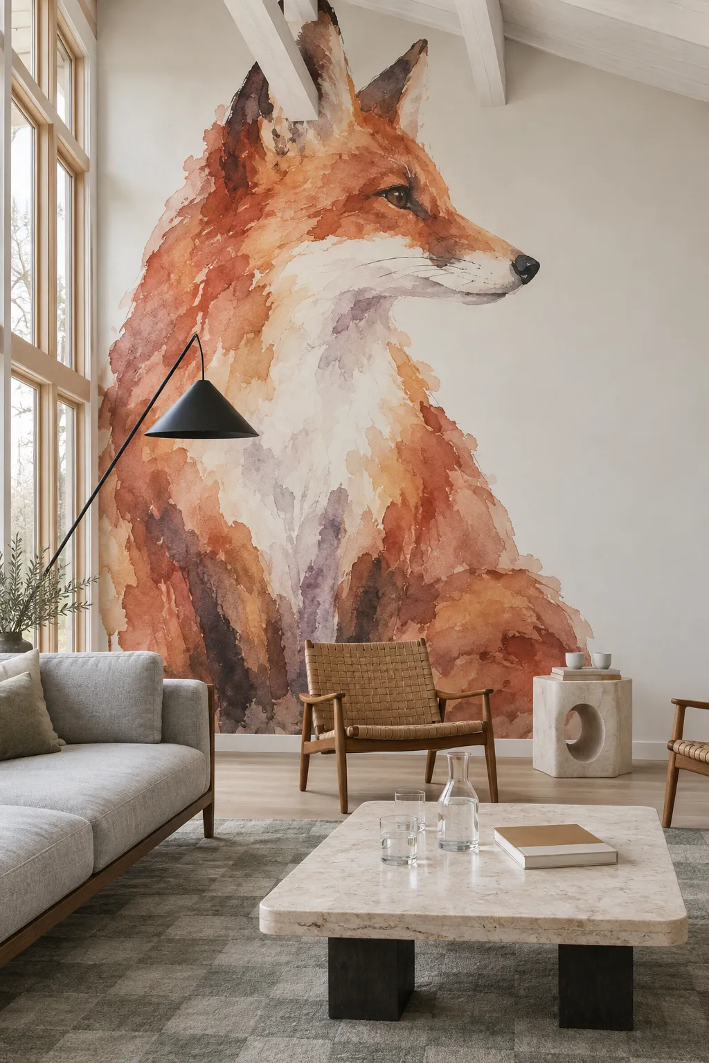 Modern living room concept with oversized watercolor fox wall art