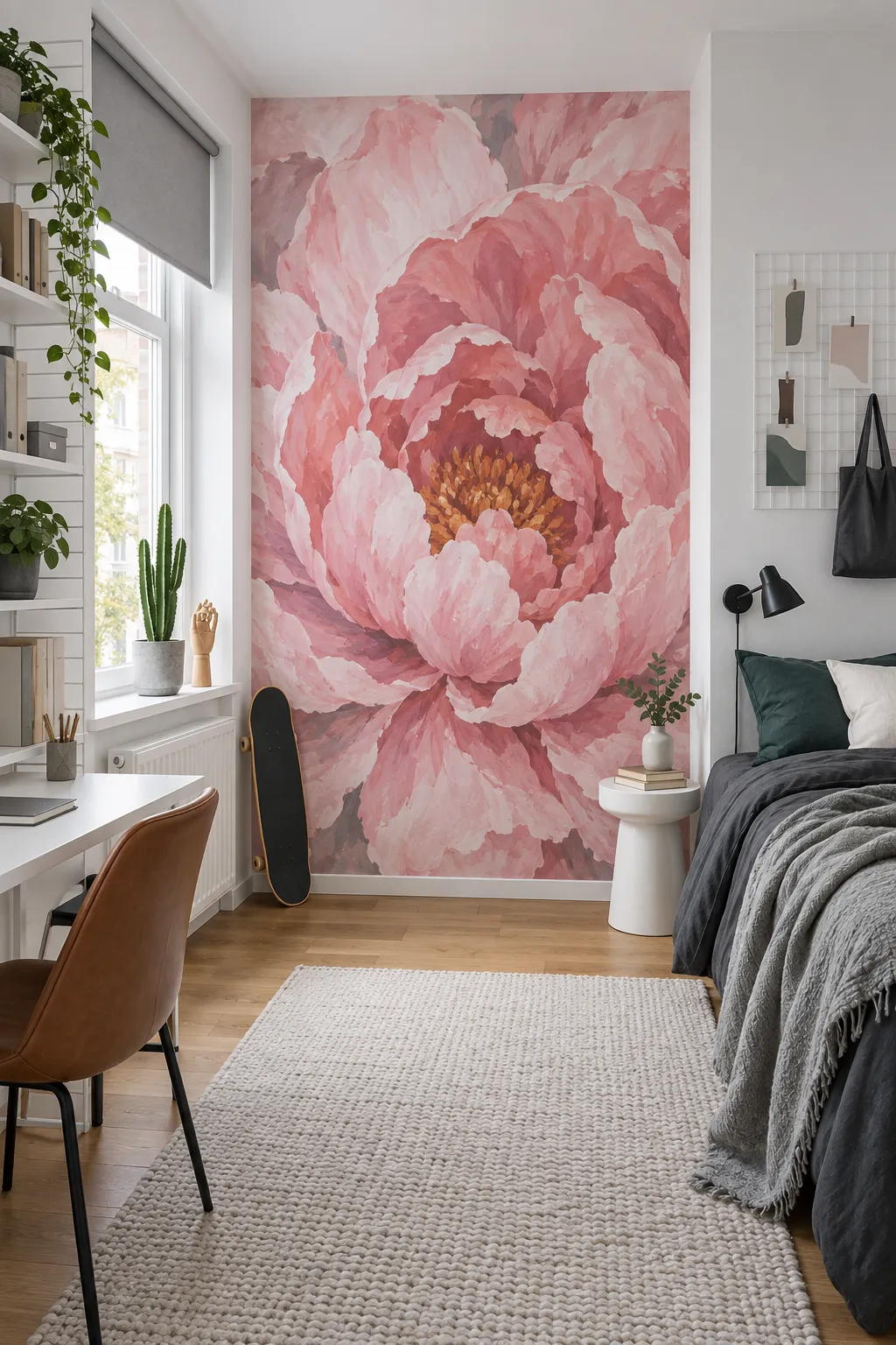 Scandinavian bedroom concept with painted pink floral walls and light wood furnishings.