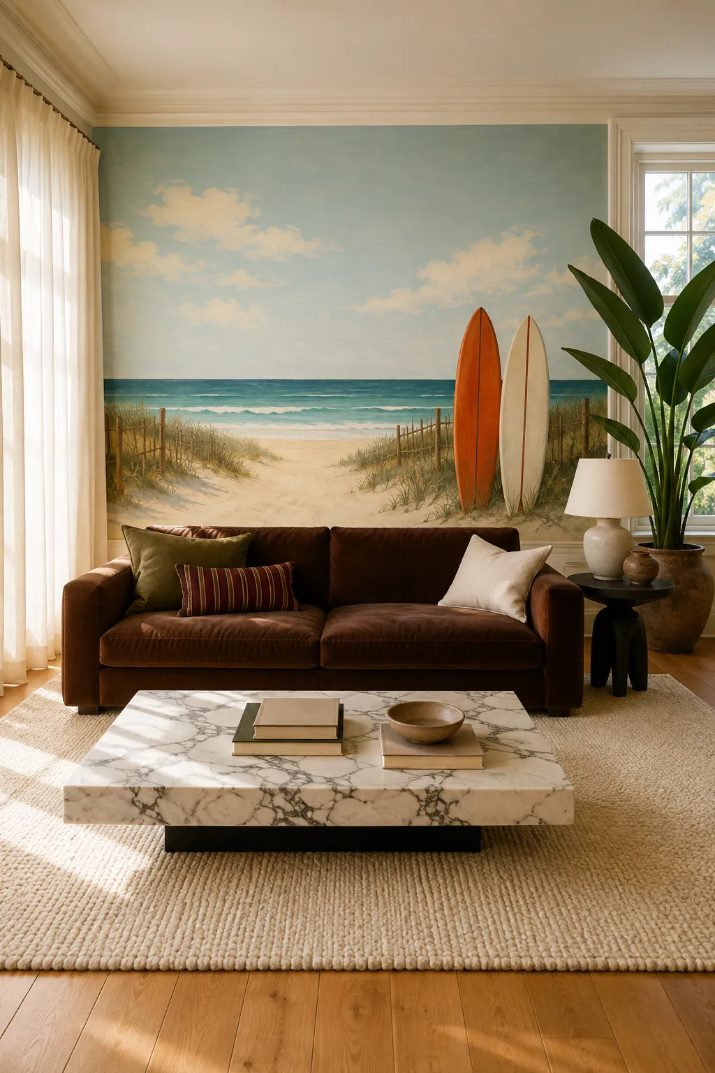 Painted surfboard beach scene mural concept paired with warm living room neutrals