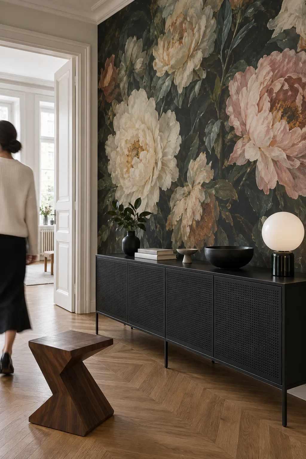 Painterly peony wall treatment paired with a modern black sideboard.