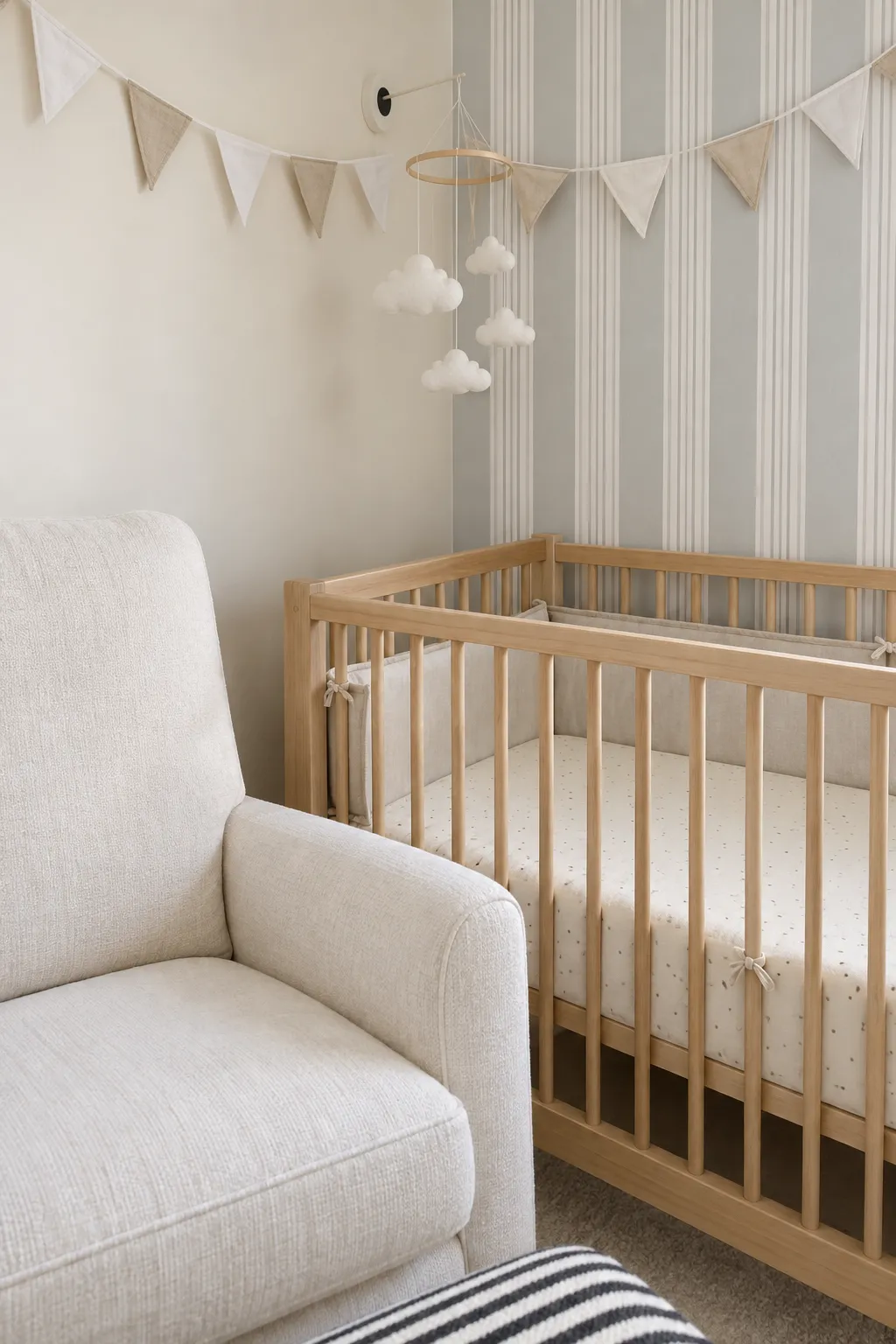 Airy nursery palette with pale gray stripes and a natural wood crib.