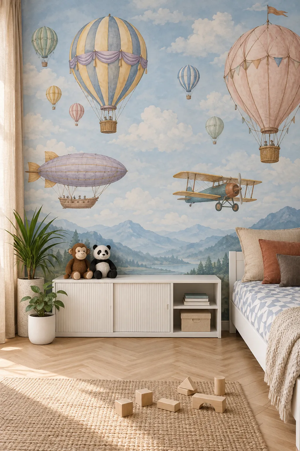 Balloon-themed kids room concept with pastel aviation motifs.