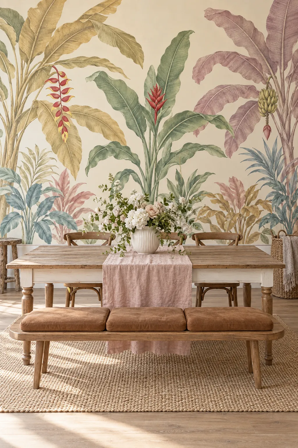 Rustic dining room softened by a pastel foliage backdrop.