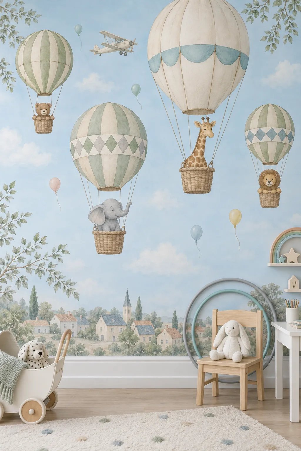 Pastel blue hot air balloon and safari animal theme