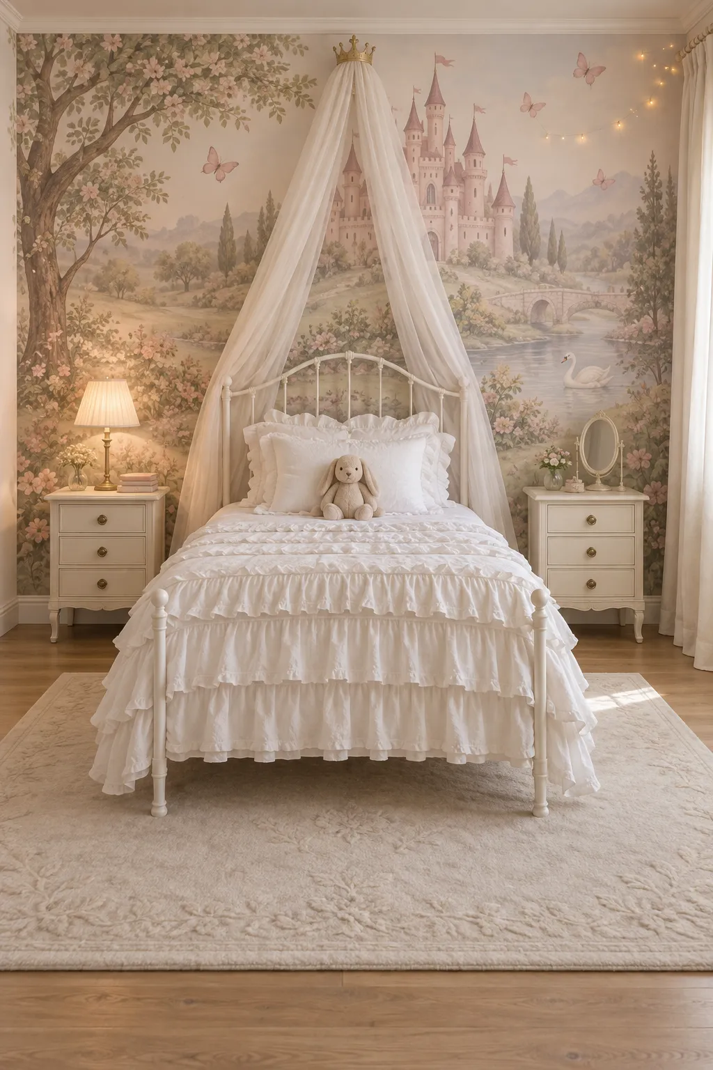 Canopy bed concept framed by pastel castle towers and butterfly motifs.