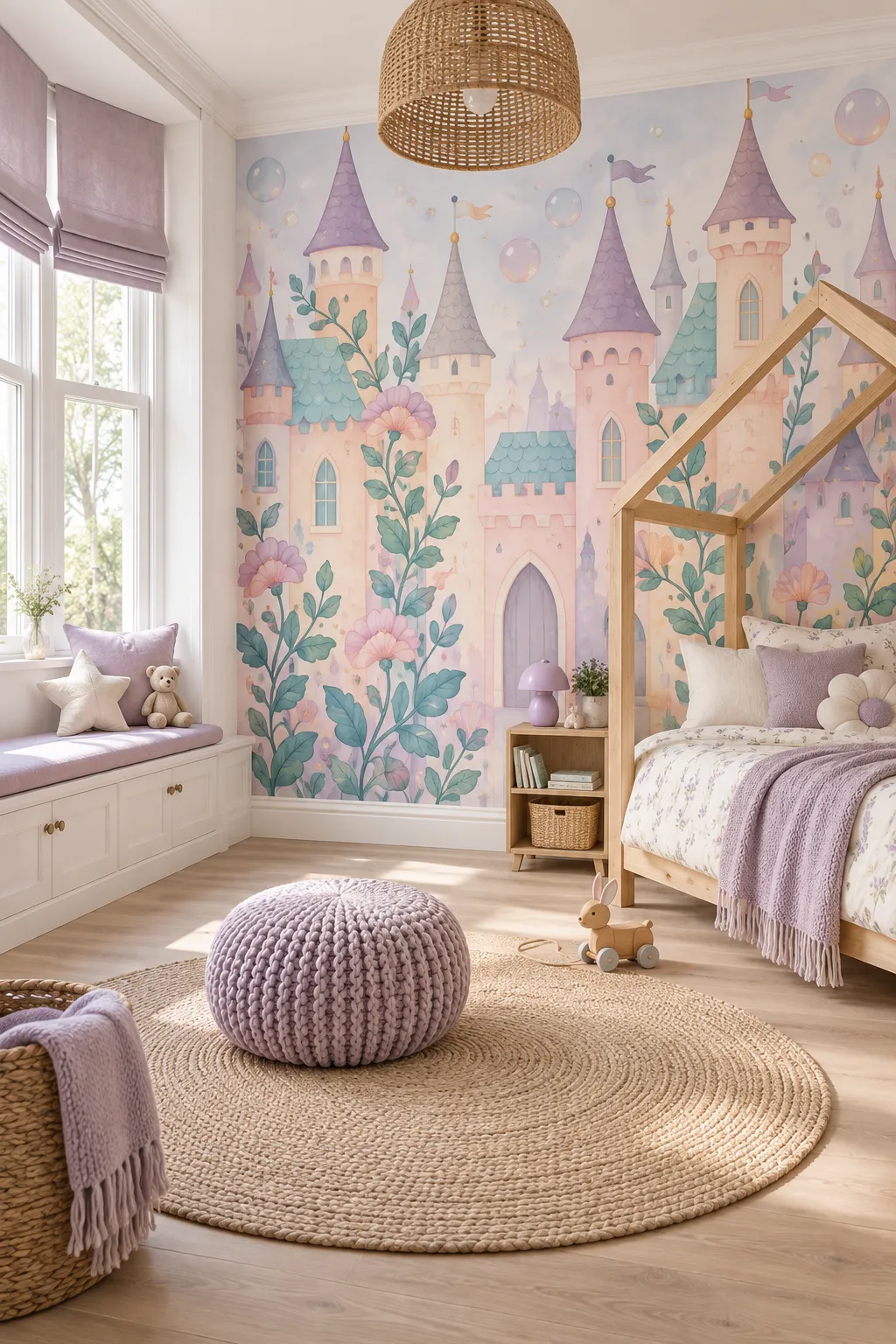 Lavender house bed concept paired with a pastel castle mural.