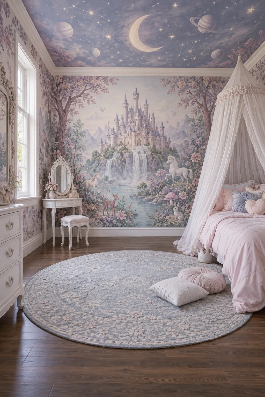 Bedroom concept combining pastel castle towers, a starry ceiling, and a canopy bed.