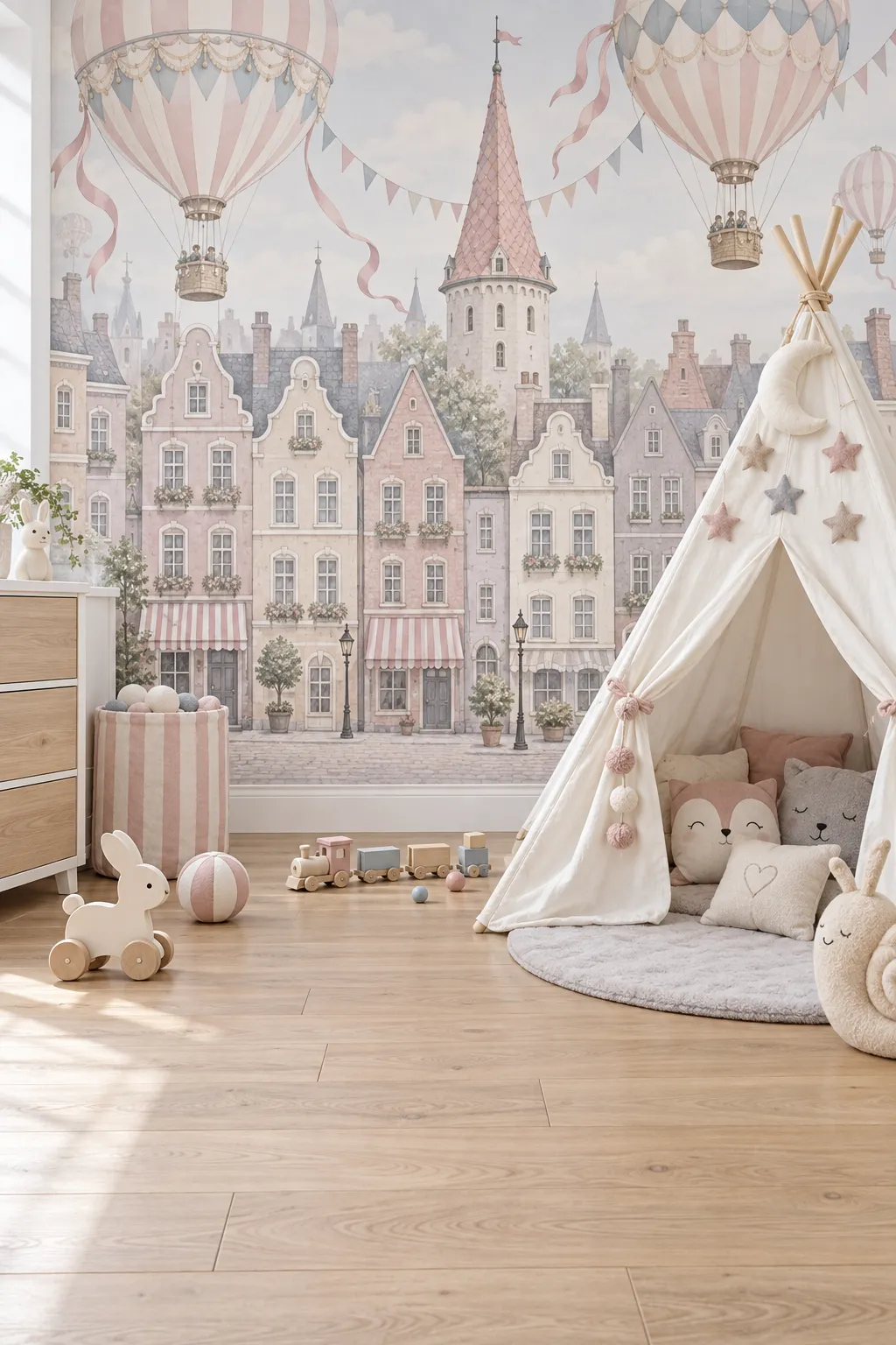 Pastel city and hot air balloon scene behind a playroom teepee