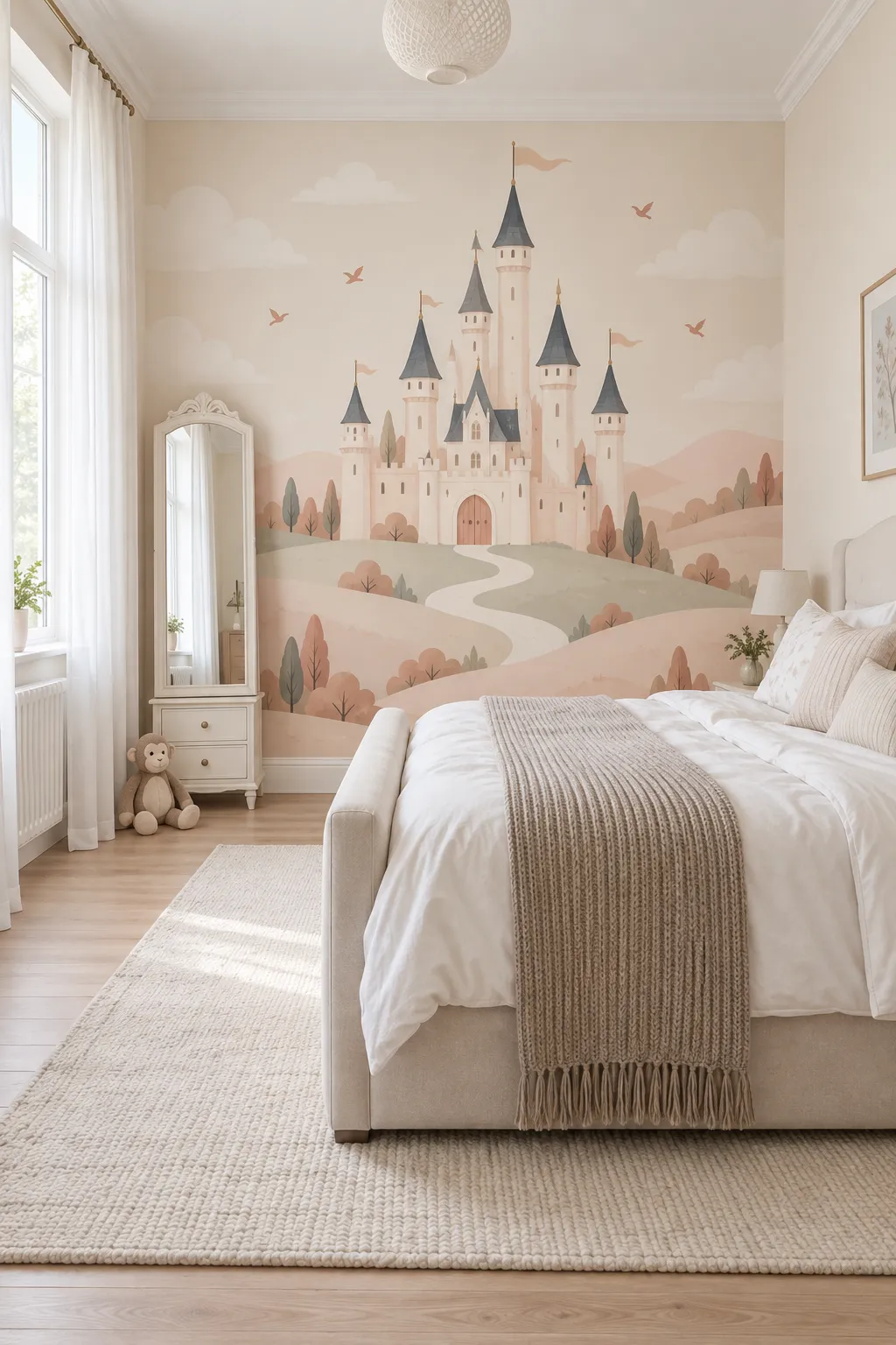 Neutral bedroom concept with a pastel fairytale castle backdrop.