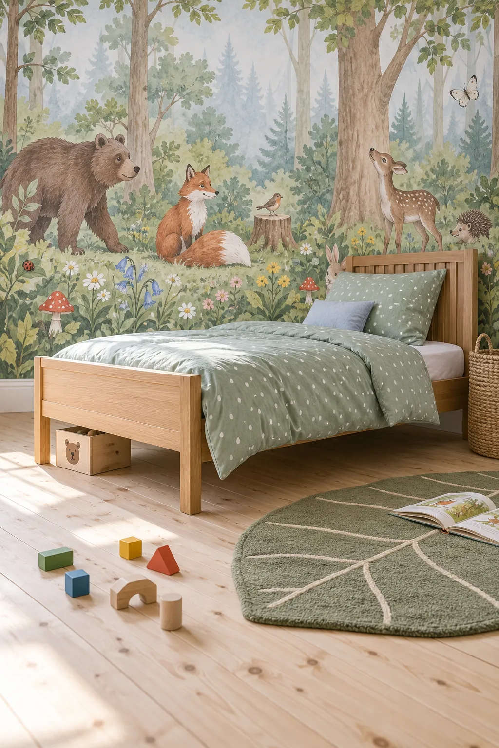 Forest animal bedroom mural in a gentle pastel color palette.