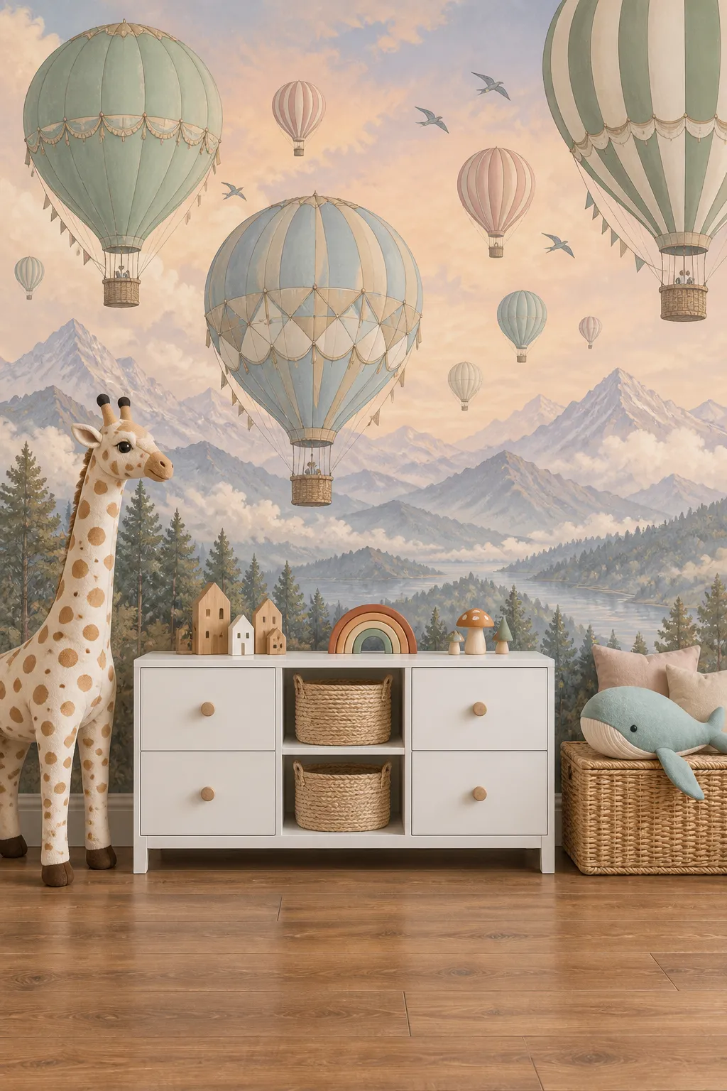 Pastel mountain and hot air balloon theme behind nursery storage