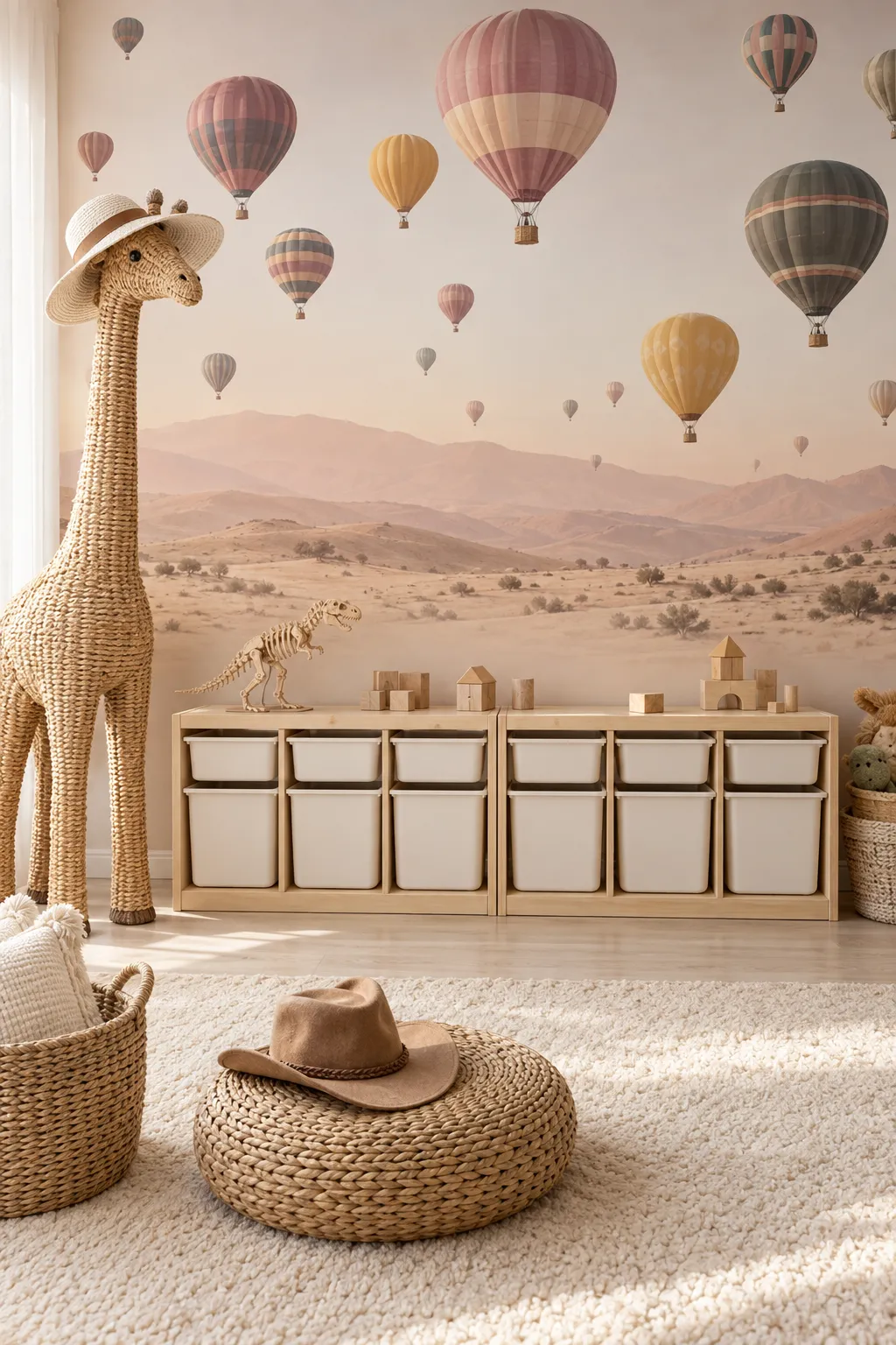 Pastel balloon wallpaper for gentle color in a neutral playroom