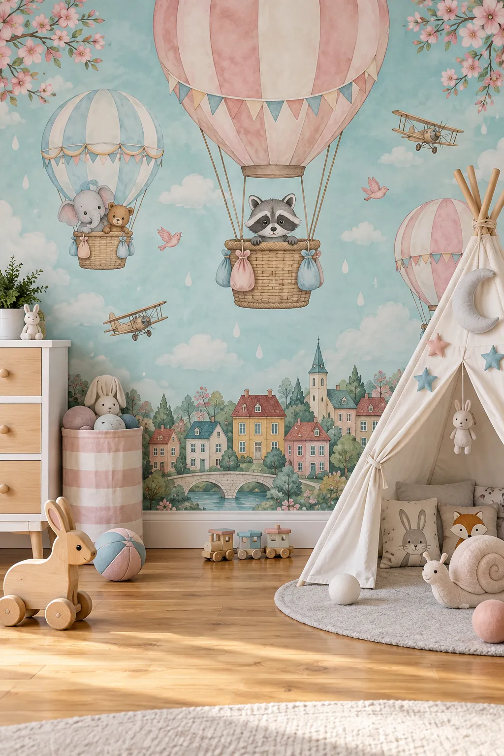 Playroom tent concept set against a backdrop of pastel hot air balloons.