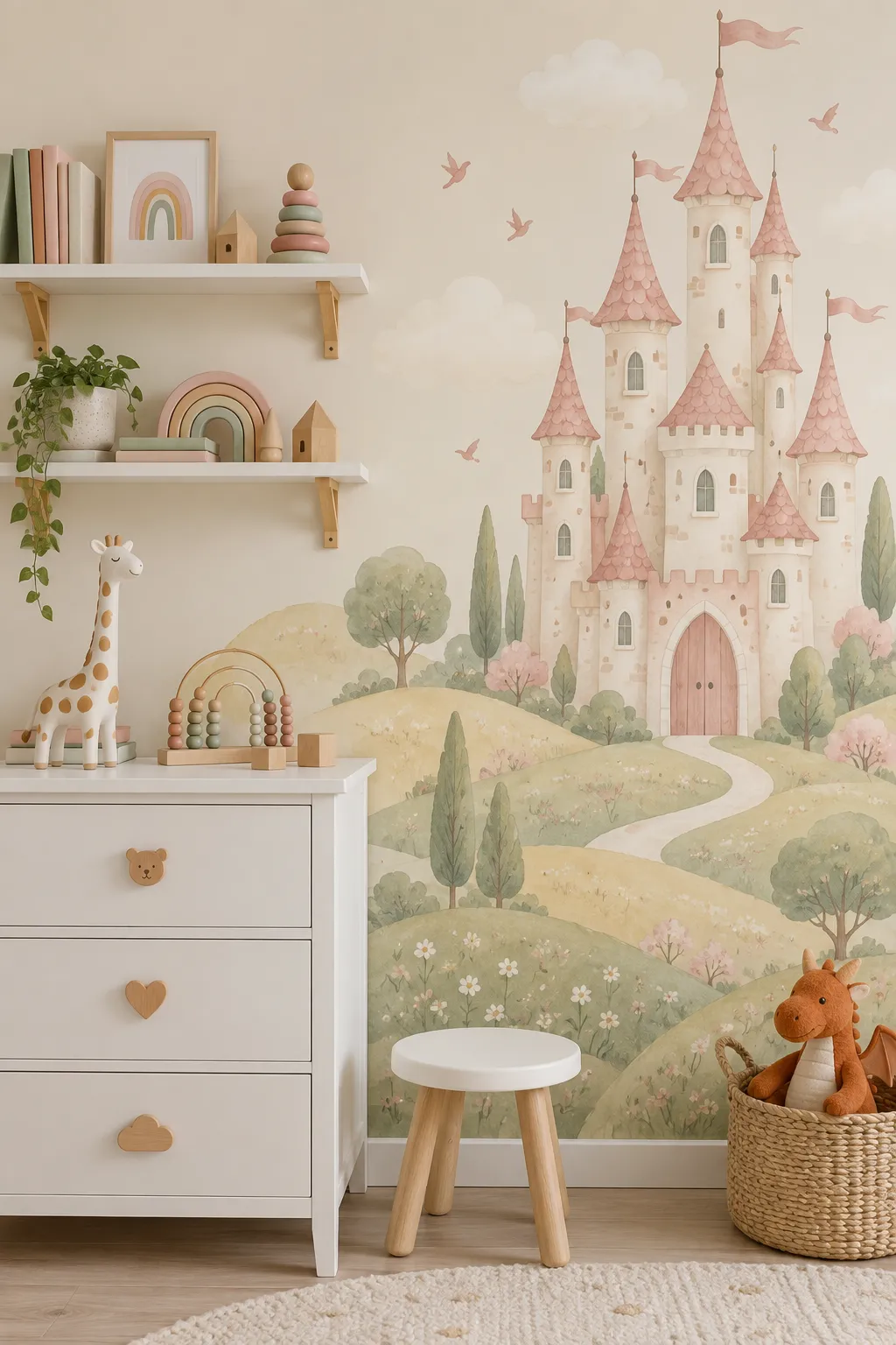 Nursery concept centered on a pastel pink castle backdrop.