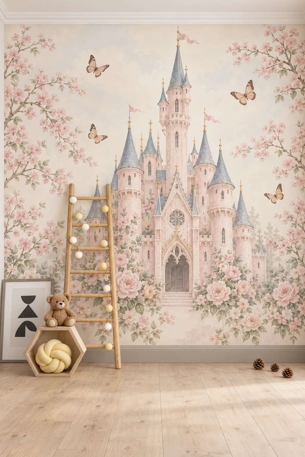 Princess castle nursery concept with pastel blossoms and soft neutral furnishings.